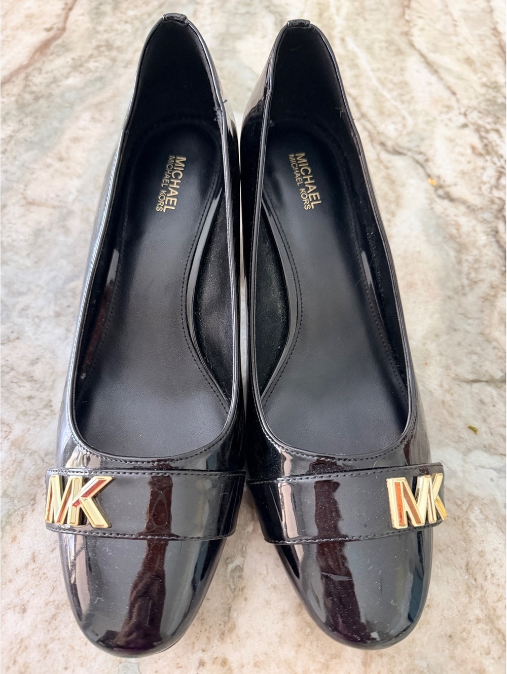 Michael Kors Women's Black Patent Leather Block Heel Pumps with Gold MK Logo